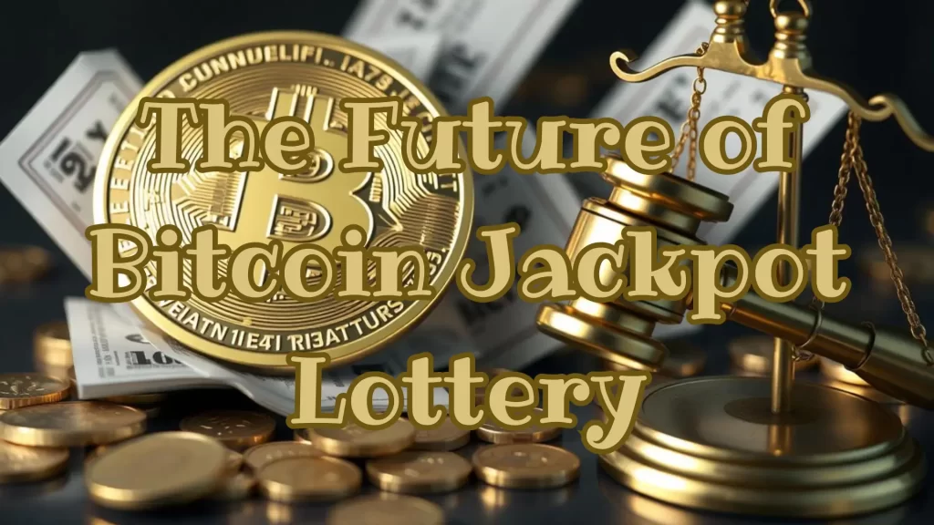 A gold coin with scales and bitcoin on top of it. in image text "the future of the bitcoin jackpot lottery"